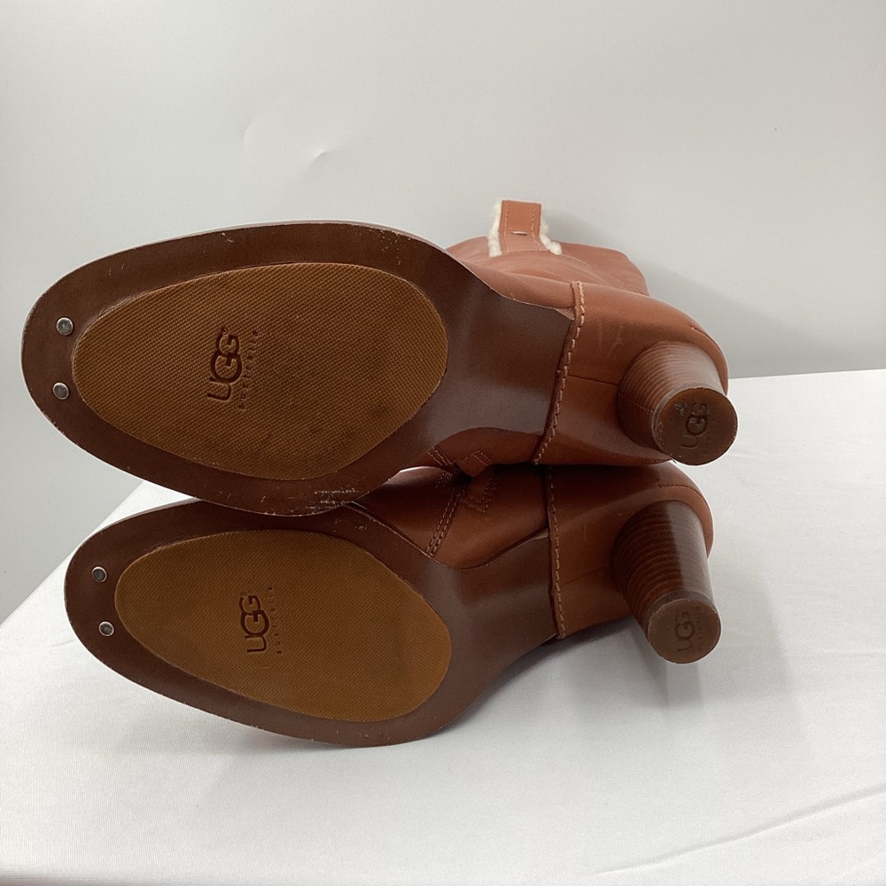 UGG Women's Tall Tan Leather Heeled Boots - Picture 12 of 16